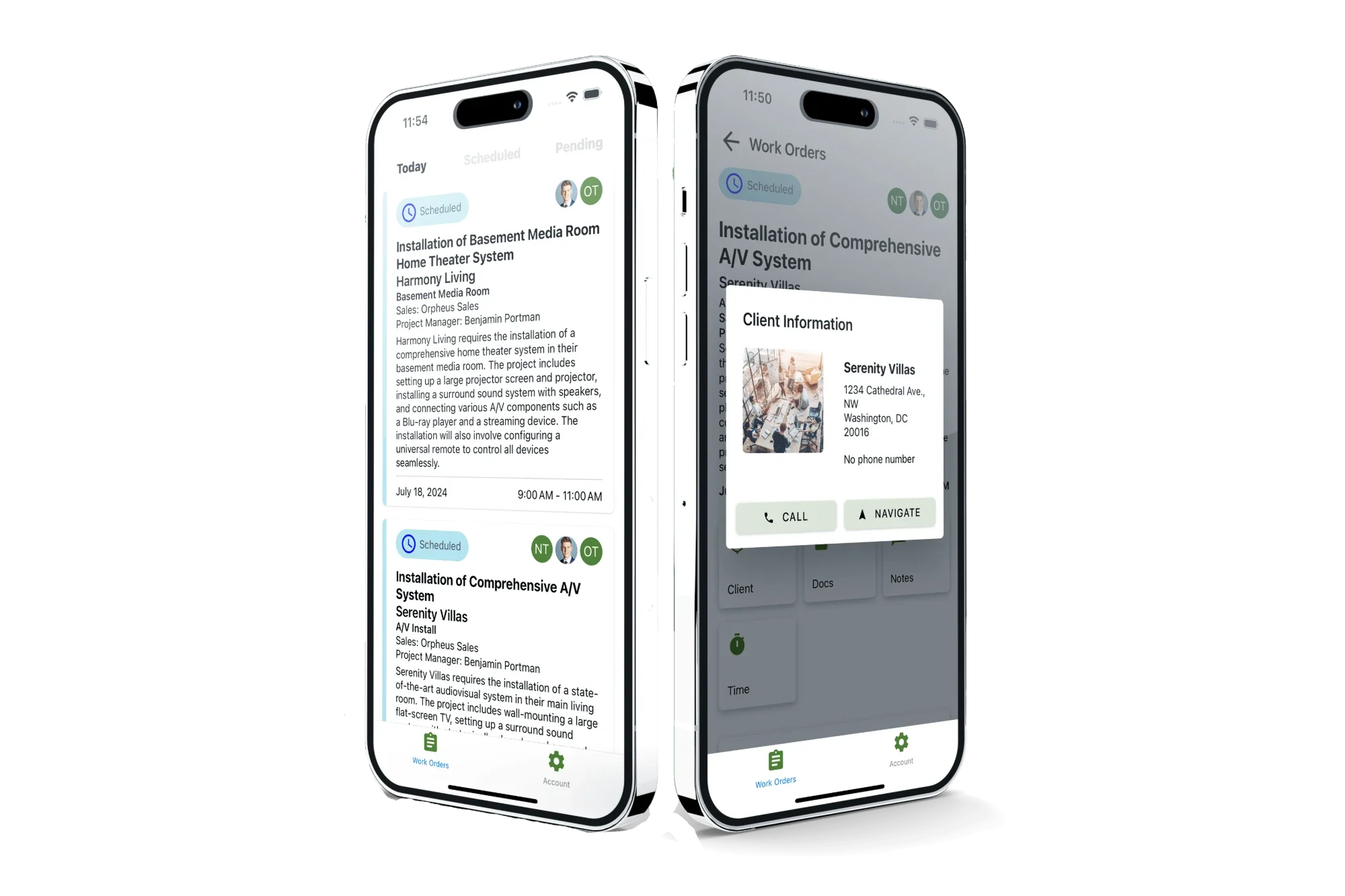 Two ABE Networks mobile screens showing a work order and client information