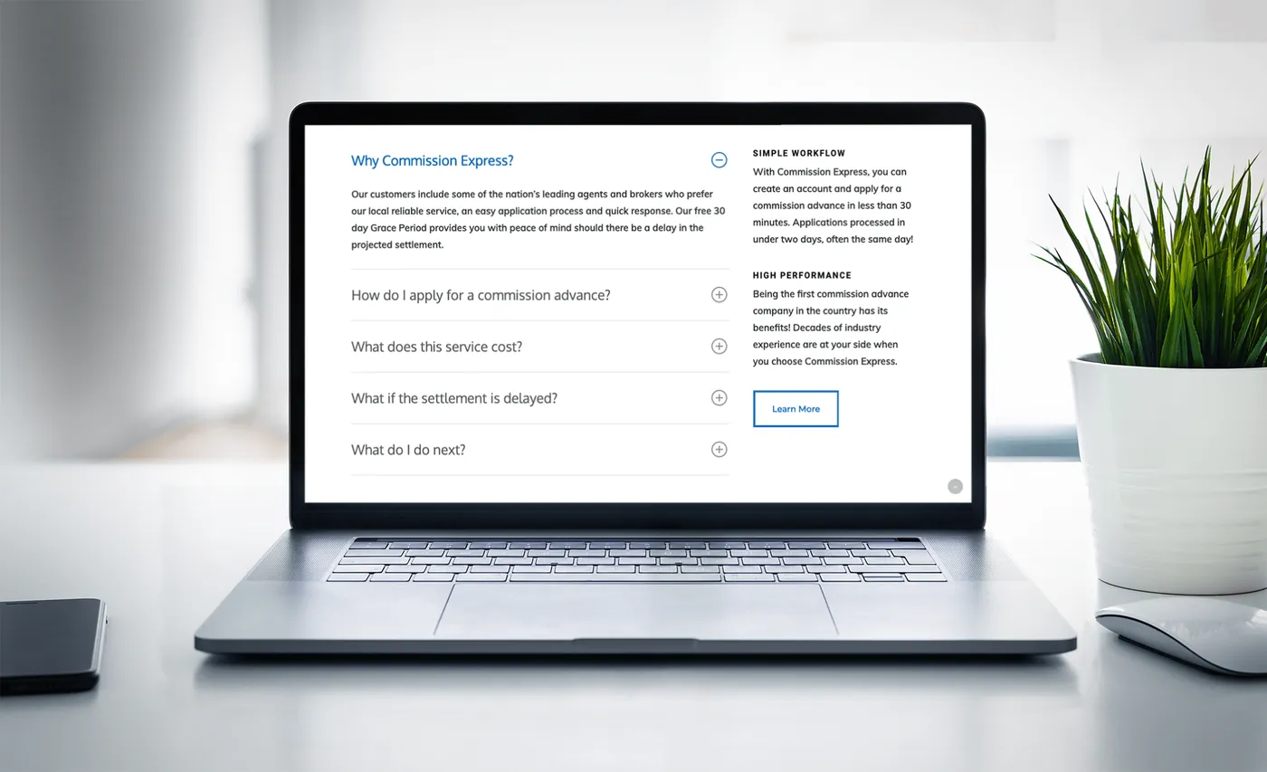 Commission Express FAQ page on a laptop with expandable questions about applying, cost, and settlement delays