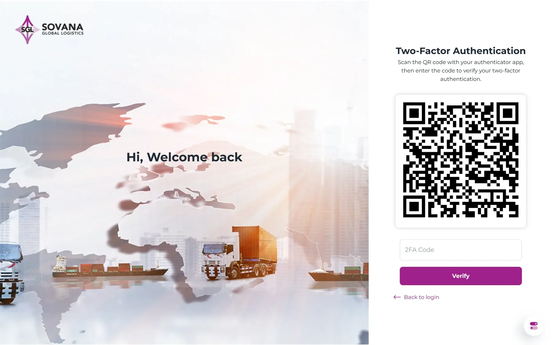 Sovana Track two-factor setup screen asking the user to scan a QR code with an authenticator app and enter the code to verify