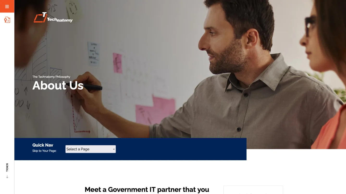 Previous Technatomy About Us page with a large team photograph and quick navigation panel